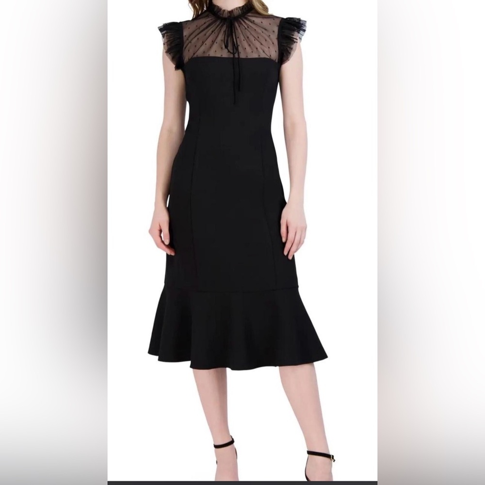 julia jordan Black Polka-Dot Mesh Yoke Midi Dress